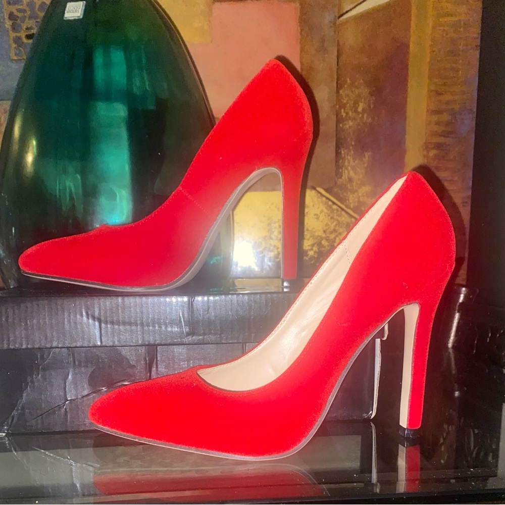 Red Faux Suede Stiletto Heels